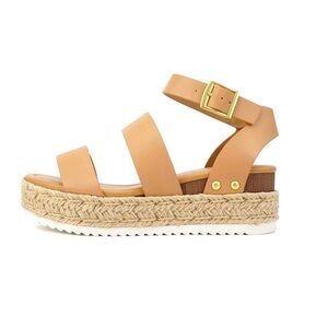 NWT - SODA Sandals | Bryce | Open Toe Buckle Strap Wedge | Size 8.5 - Natural Pu